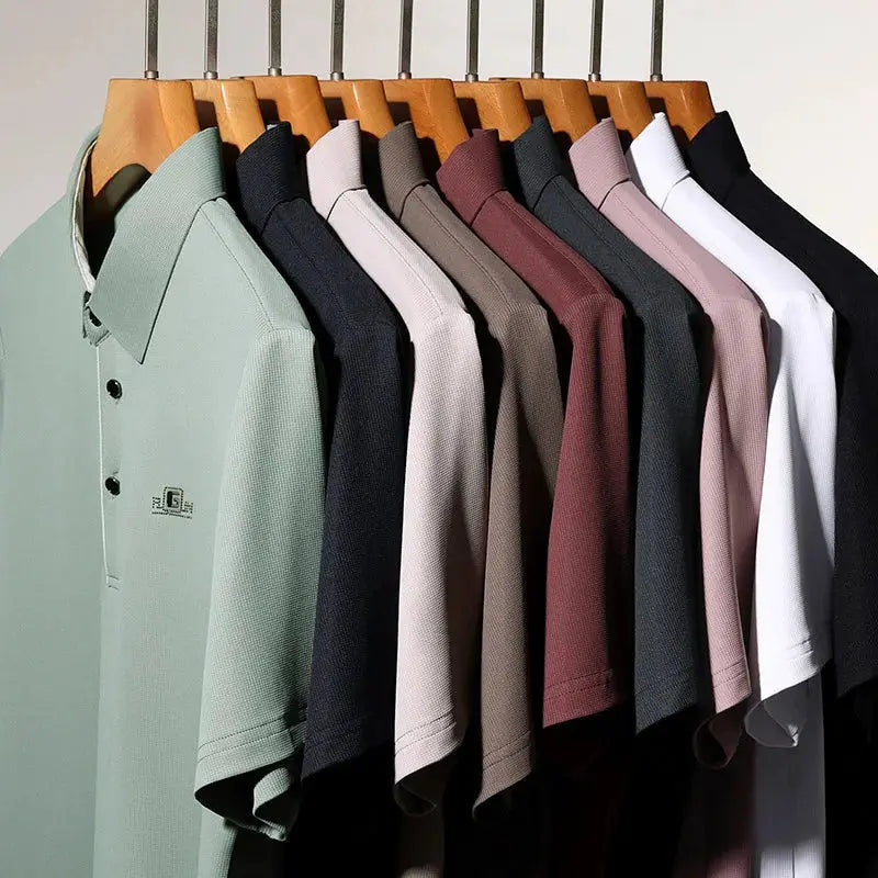 Men's business casual polo shirts on hangers in 12 colors; breathable short sleeves with badge.