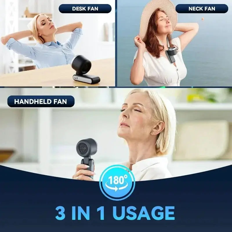 3 In 1 Portable Fan With 5 Speed Settings 3600mAh Rechargeable Battery USB Charging Travel Mini Fan