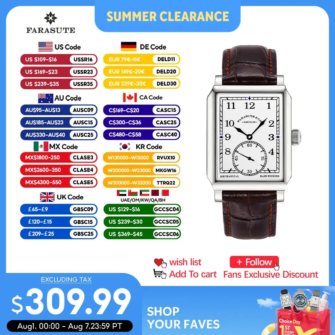 FARASUTE retro square men's mechanical wristwatch with brown leather strap and sapphire glass