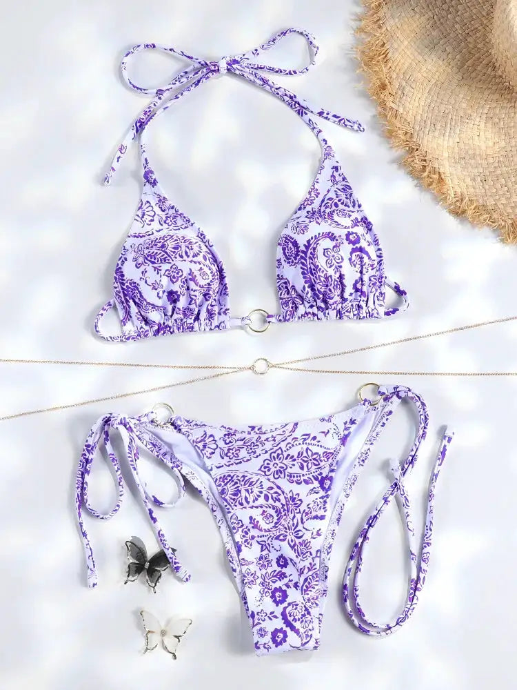 Simples Market triangle bikini set in purple floral print, halter top with string-tied bottoms