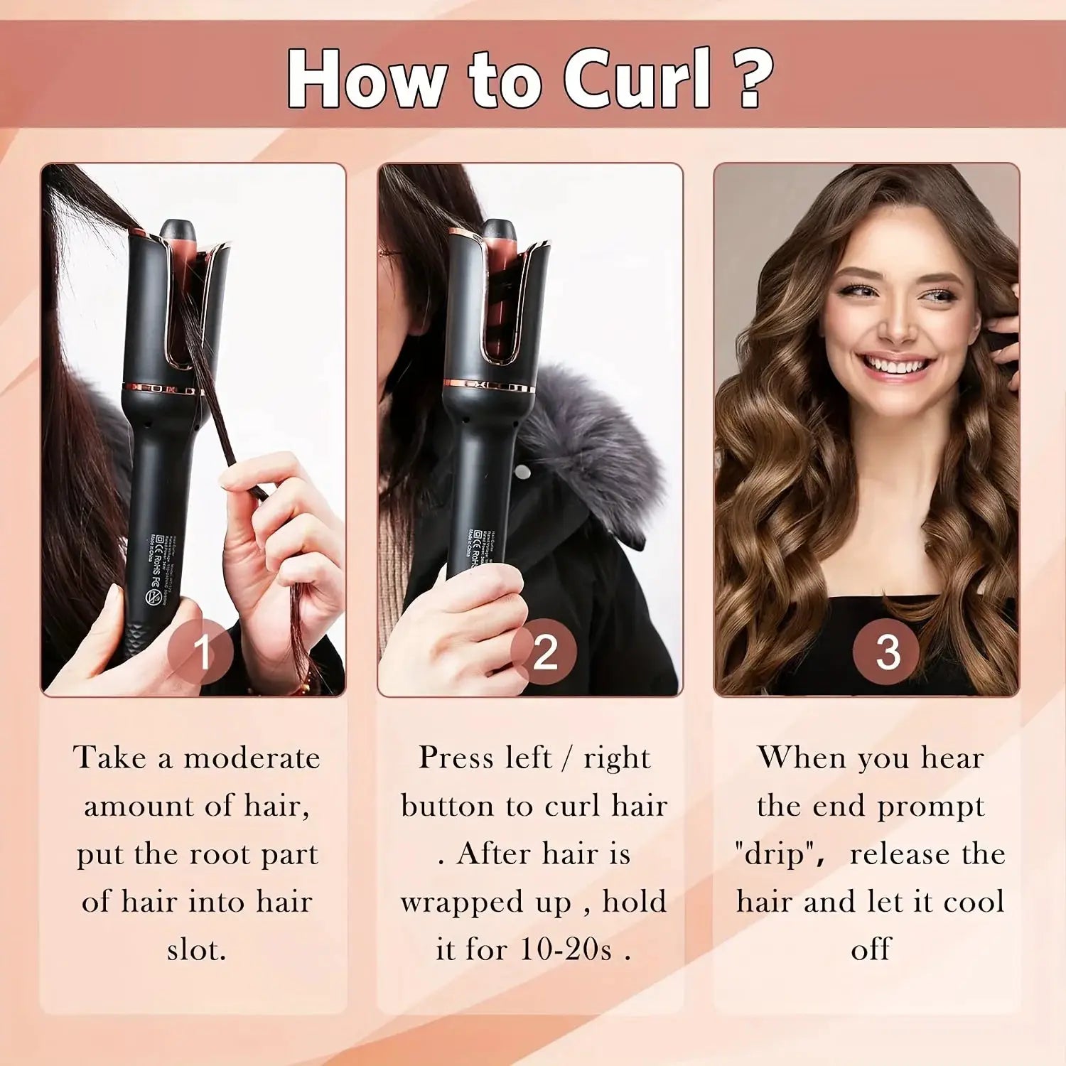 Automatic hair curler by Simples Market with ceramic rotating wand; black with rose-gold accents