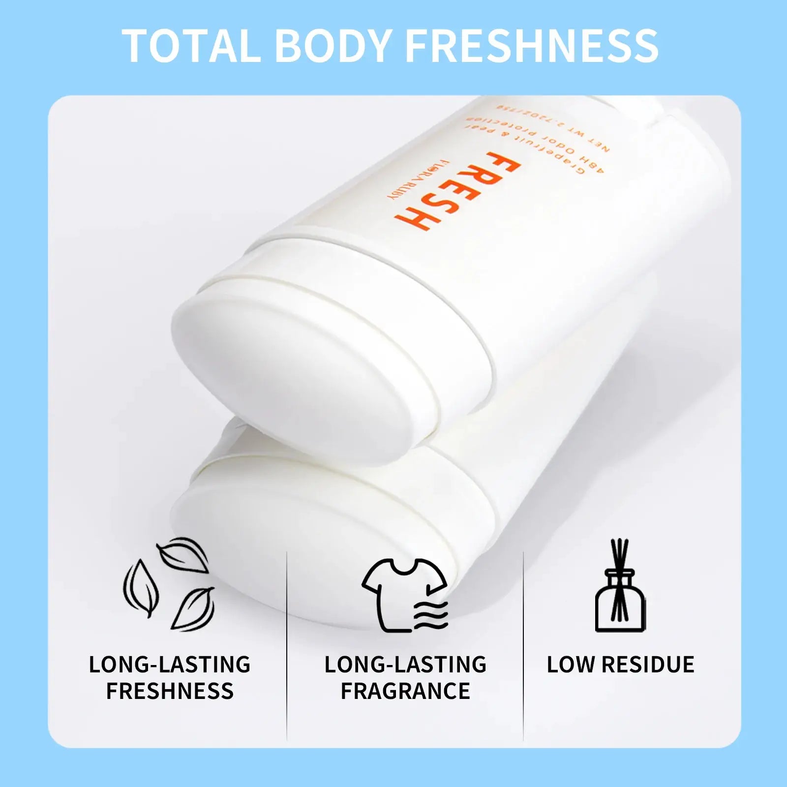 White deodorant stick with orange FRESH label, angled on a light surface with a blue border.