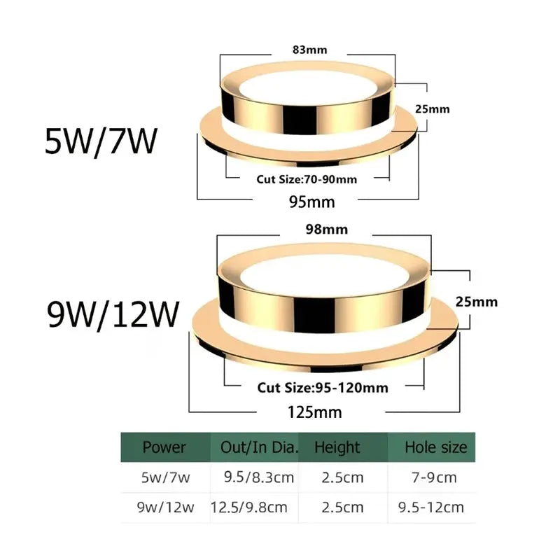 Chrome round recessed LED downlight; two sizes 5W/7W and 9W/12W, acrylic diffuser, Simples Market.