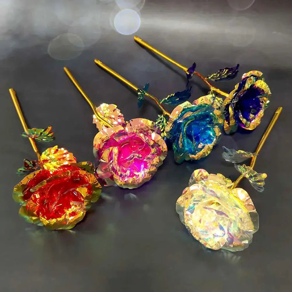LED foil-plated artificial rose bouquet by Simples Market in iridescent colors with gold stems (6 roses)
