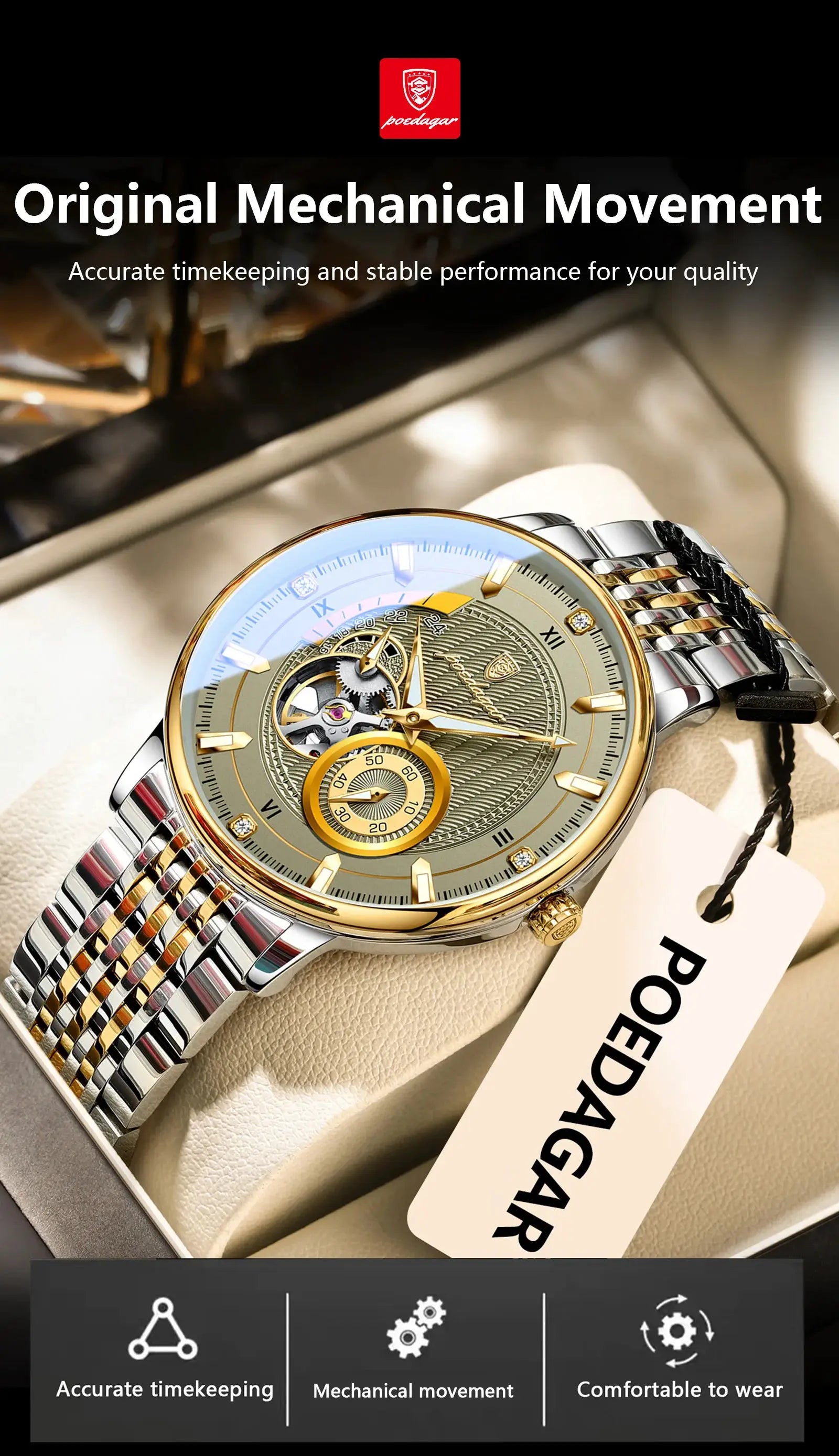 POEDAGAR luxury men's wristwatch with two-tone stainless steel bracelet, gold bezel, skeleton dial and luminous hands.