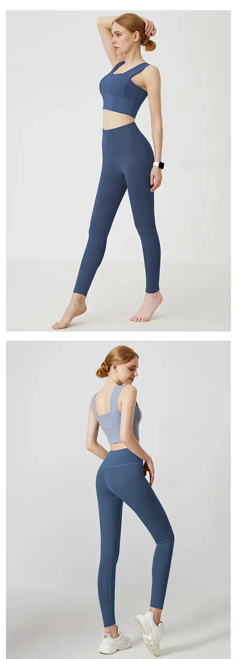 UPF50+ women yoga leggings in blue, high-waist hip-lifting gym pants for workouts