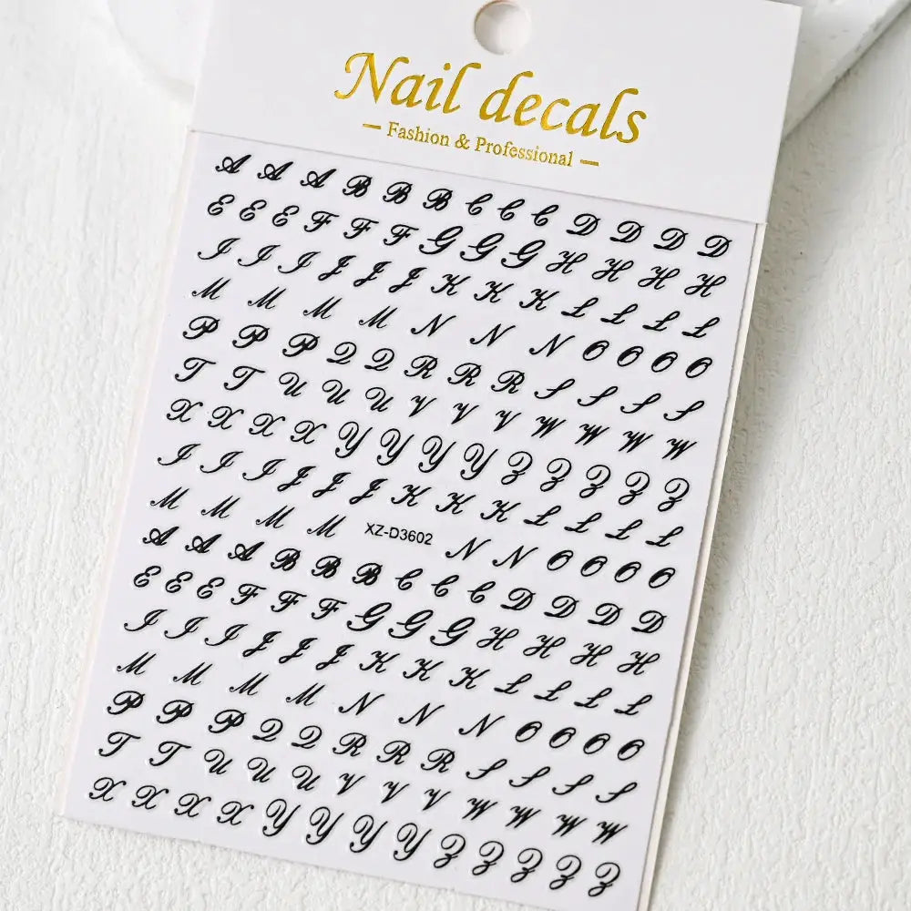 3D Roman letter nail stickers sheet with black self-adhesive decals for manicure