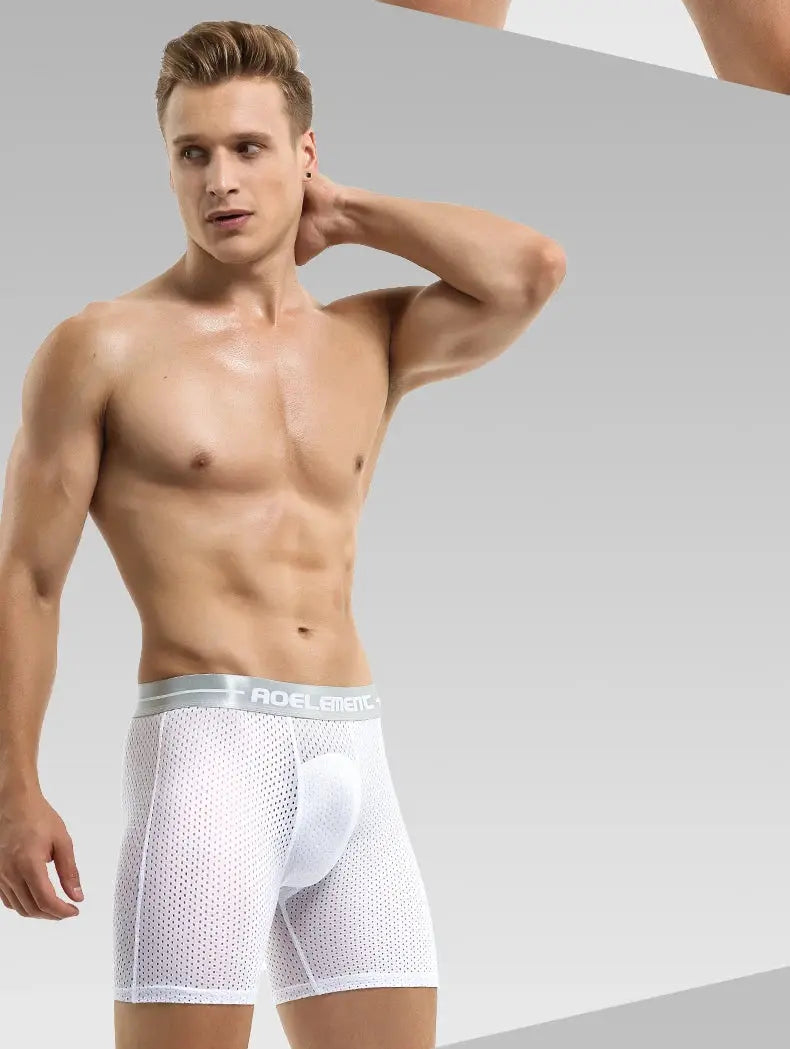 Men's white mesh athletic boxer briefs with gray elastic waistband