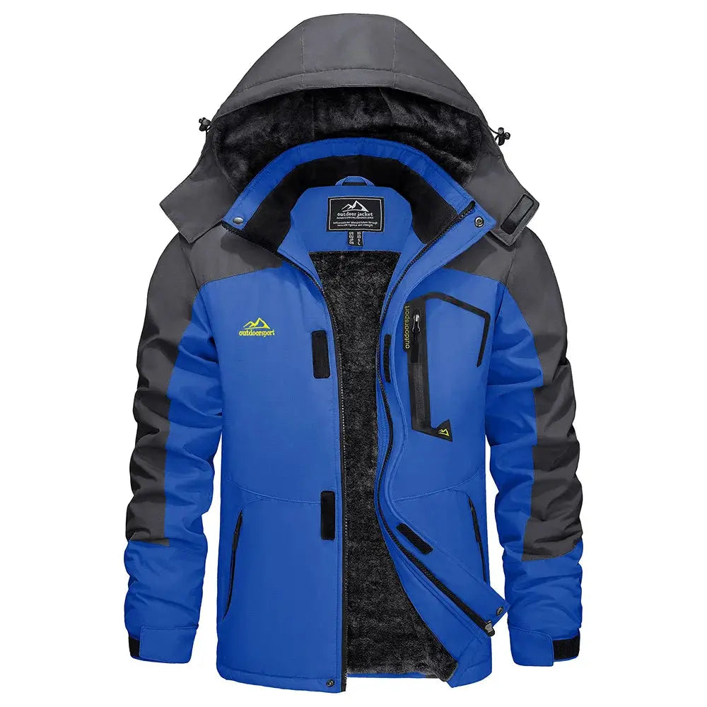 KEFITEVD men's blue and gray waterproof ski jacket with fleece lining and outdoorsport logo