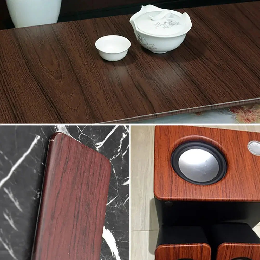 Wood grain PVC self-adhesive vinyl wrap by Simples Market in dark walnut finish for furniture and car interiors.