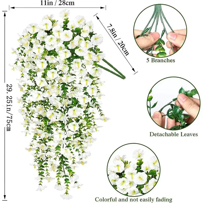 75cm White Artificial Morning Glory Wall Hanging Vines With Eucalyptus Silk Flowers For Home Or Garden Decor