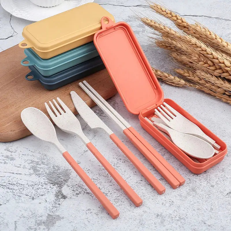 4Pcs Portable Tableware Set Wheat Straw Detachable Cutlery For Travel Picnic Camping Dinnerware Lightweight Durable