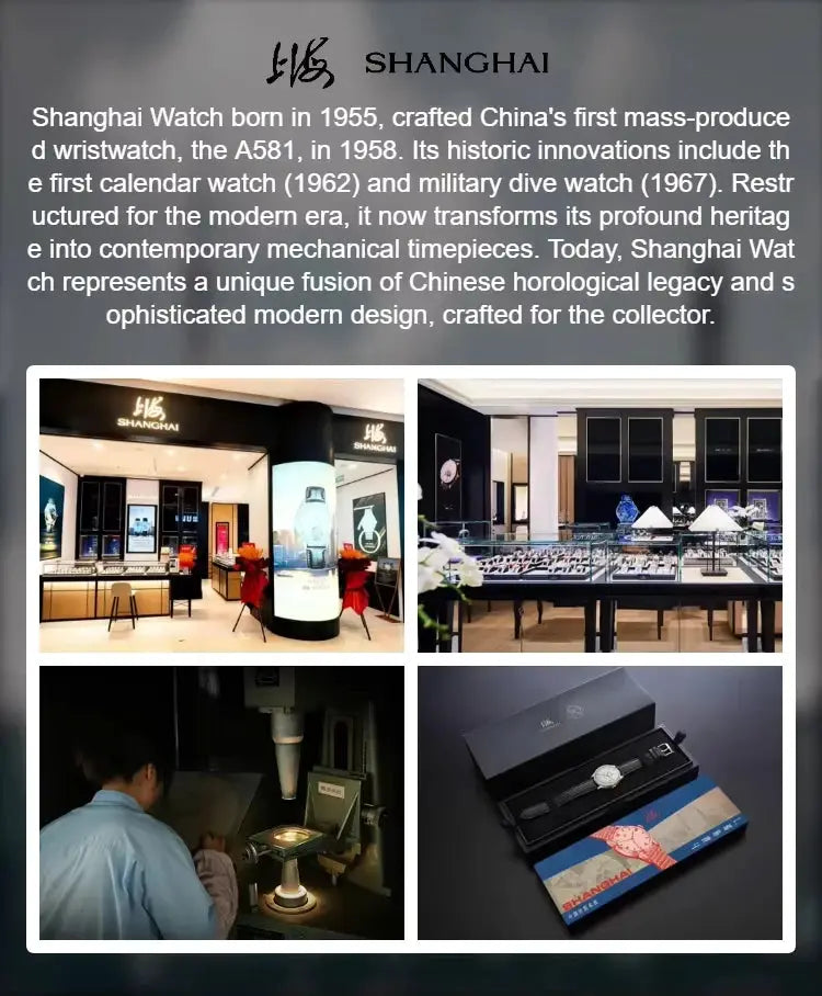 Shanghai Watch 42mm automatic timepiece with leather strap, boxed for Simples Market; showroom collage