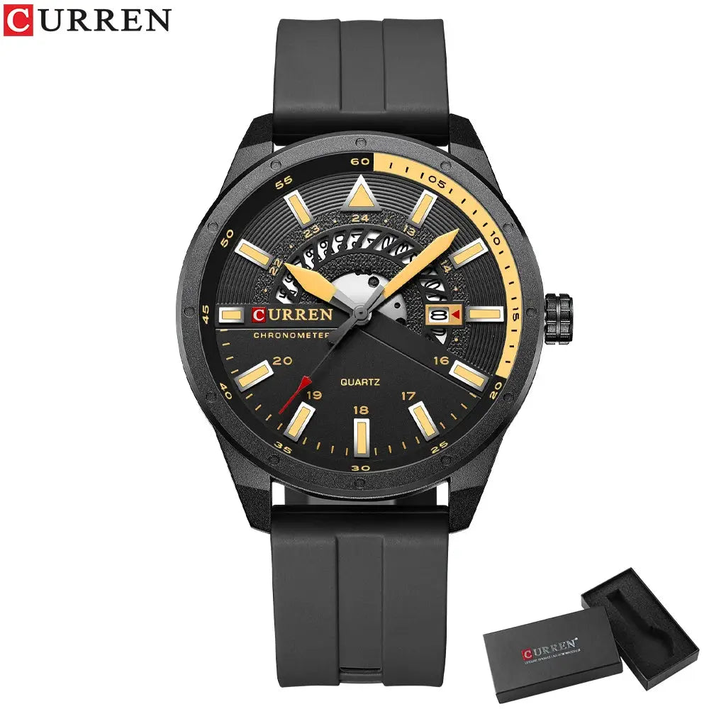 CURREN men's watch with black silicone strap, skeleton dial, gold accents and date display