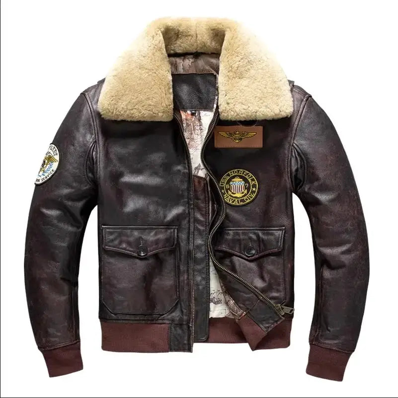 Men's brown cowhide leather flight jacket with shearling collar and patches, 6XL
