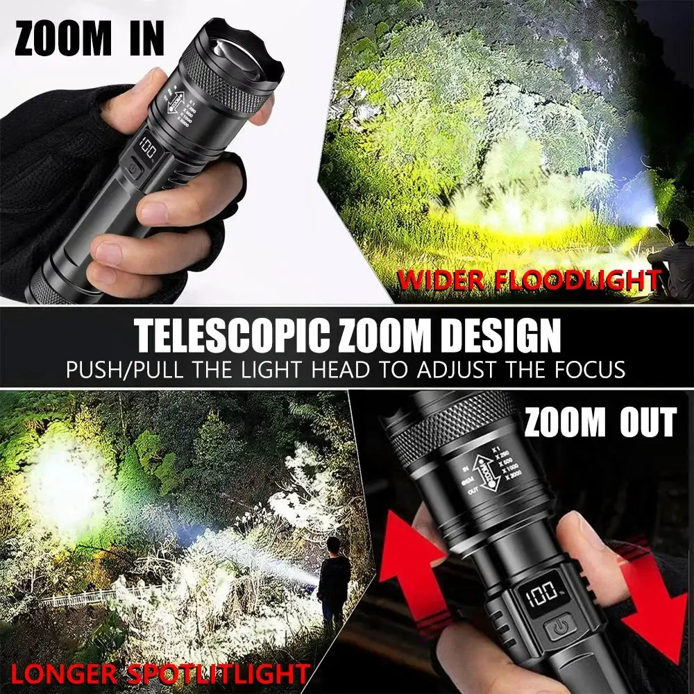 100000LM Simples Market rechargeable LED flashlight with telescopic zoom for outdoor waterproof camping and tactical use.