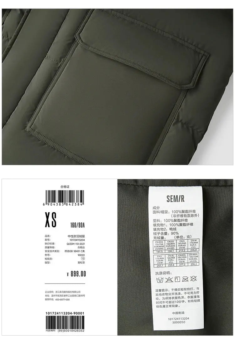 Semir men's down jacket in dark olive green, long waterproof outerwear with front flap pocket, size XS.