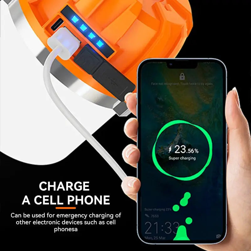 500W LED orange camping lantern by Simples Market with USB rechargeable power display and emergency phone charging