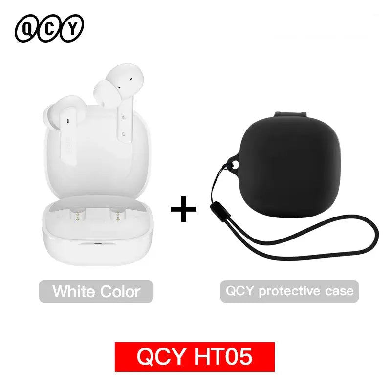 QCY HT05 ANC wireless earbuds 2-piece set with white charging case and black protective case
