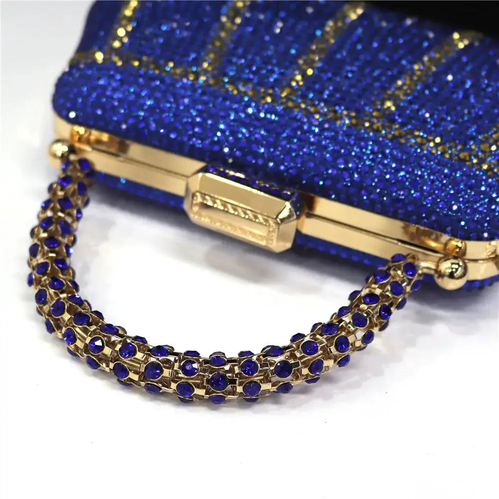 Simples Market blue rhinestone evening clutch with diamond design, glittery body and gold-tone chain handle