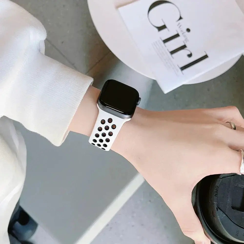 Silicone sport watch band for Apple Watch, white with black perforations (Pride bracelet)