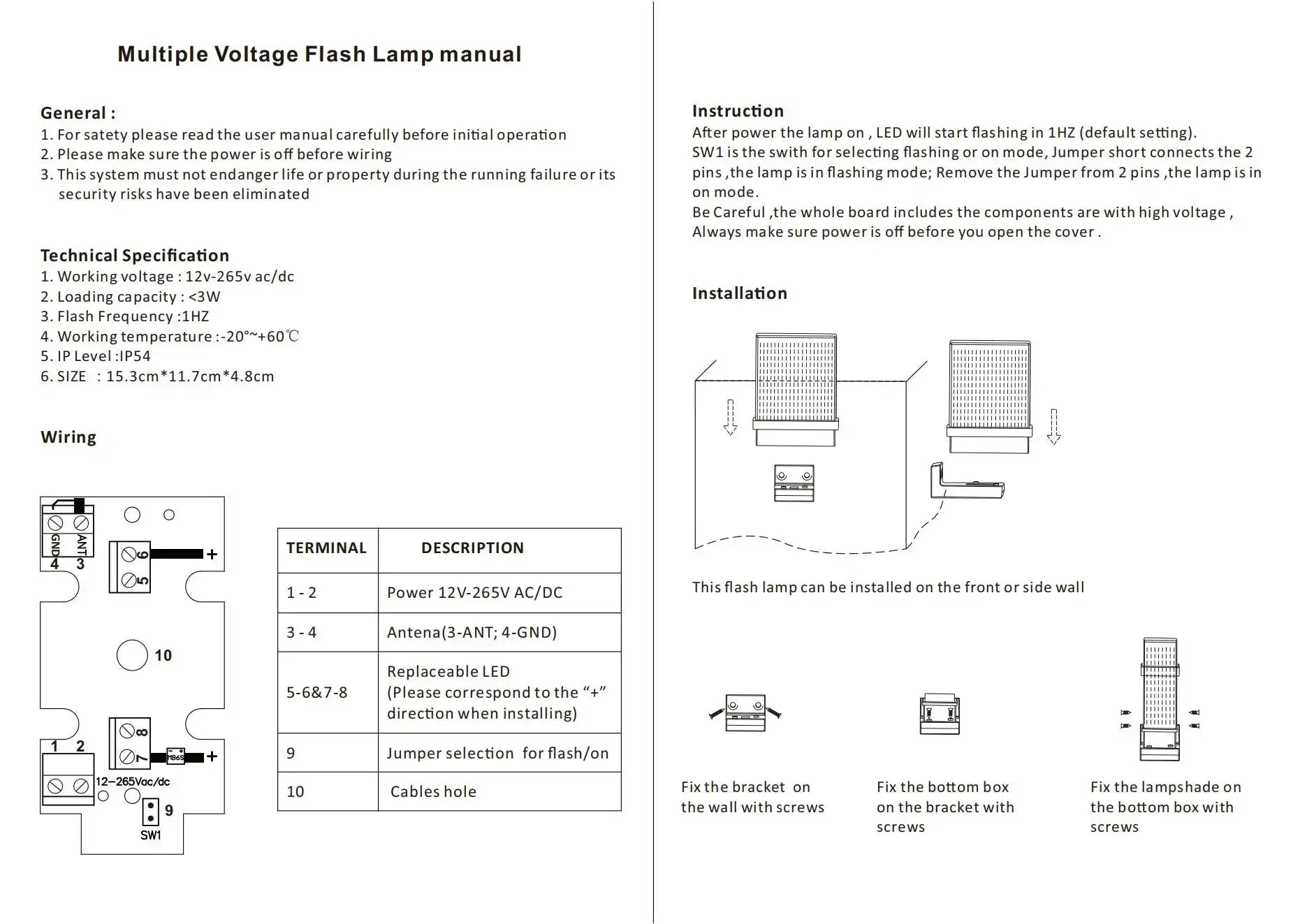 Security flashing light by Simples Market; wiring diagram and installation illustrations for 12-265V AC/DC