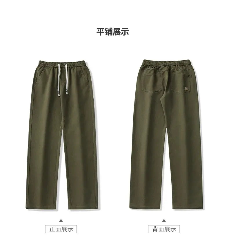 HIQOR men's cotton olive green jogger pants with elastic drawstring waist, loose straight wide-leg, front and back views