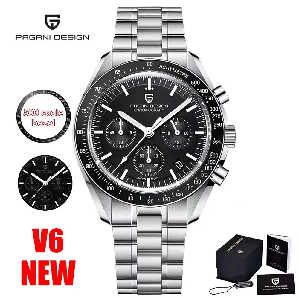 PAGANI DESIGN men's VK63 chronograph watch with stainless steel bracelet, black dial, tachymeter bezel, AR sapphire glass