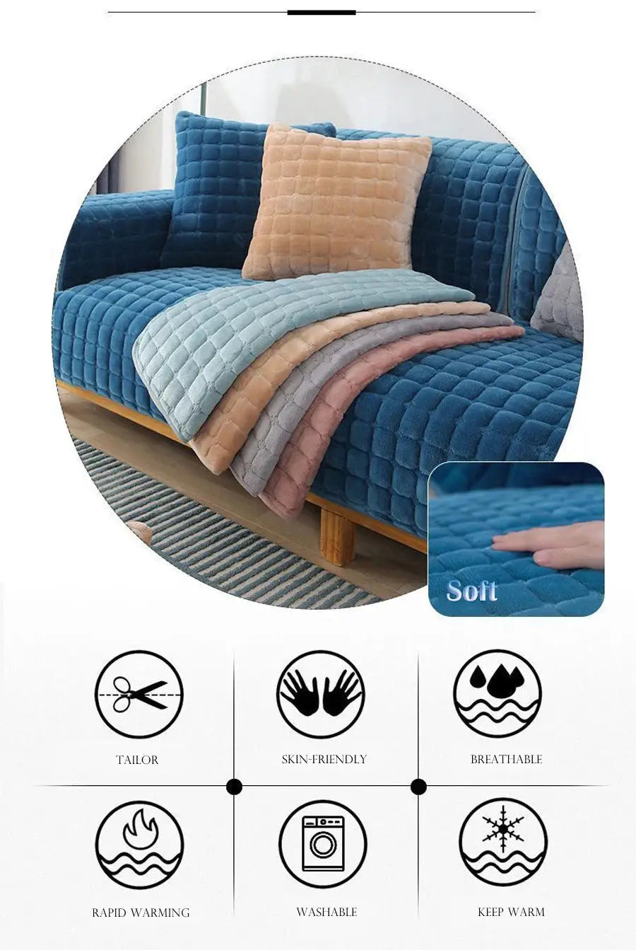 Velvet sofa cover set by Simples Market; universal plaid plush non-slip thickened warm flannel with blue couch and peach/gray cushions.