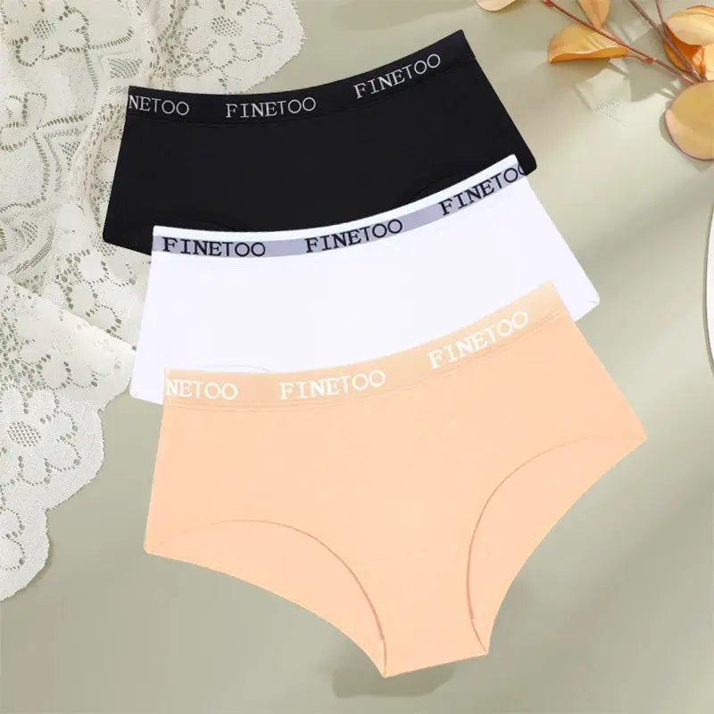FINETOO 3-pack cotton breathable women's low-waist briefs with branded waistband in black, white and peach