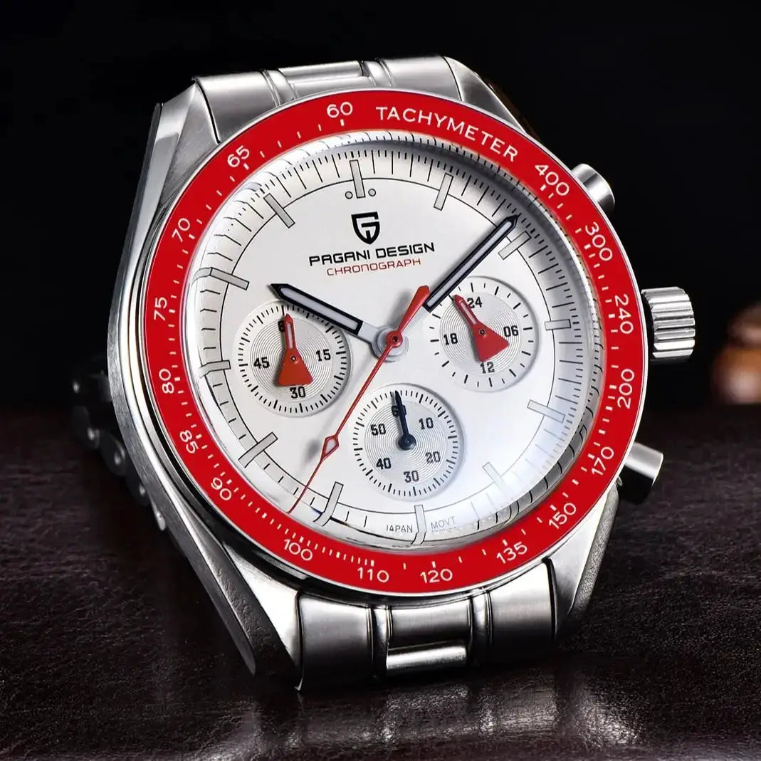 Pagani Design AK Project Mars men's chronograph watch, white dial, red tachymeter bezel, stainless steel bracelet.