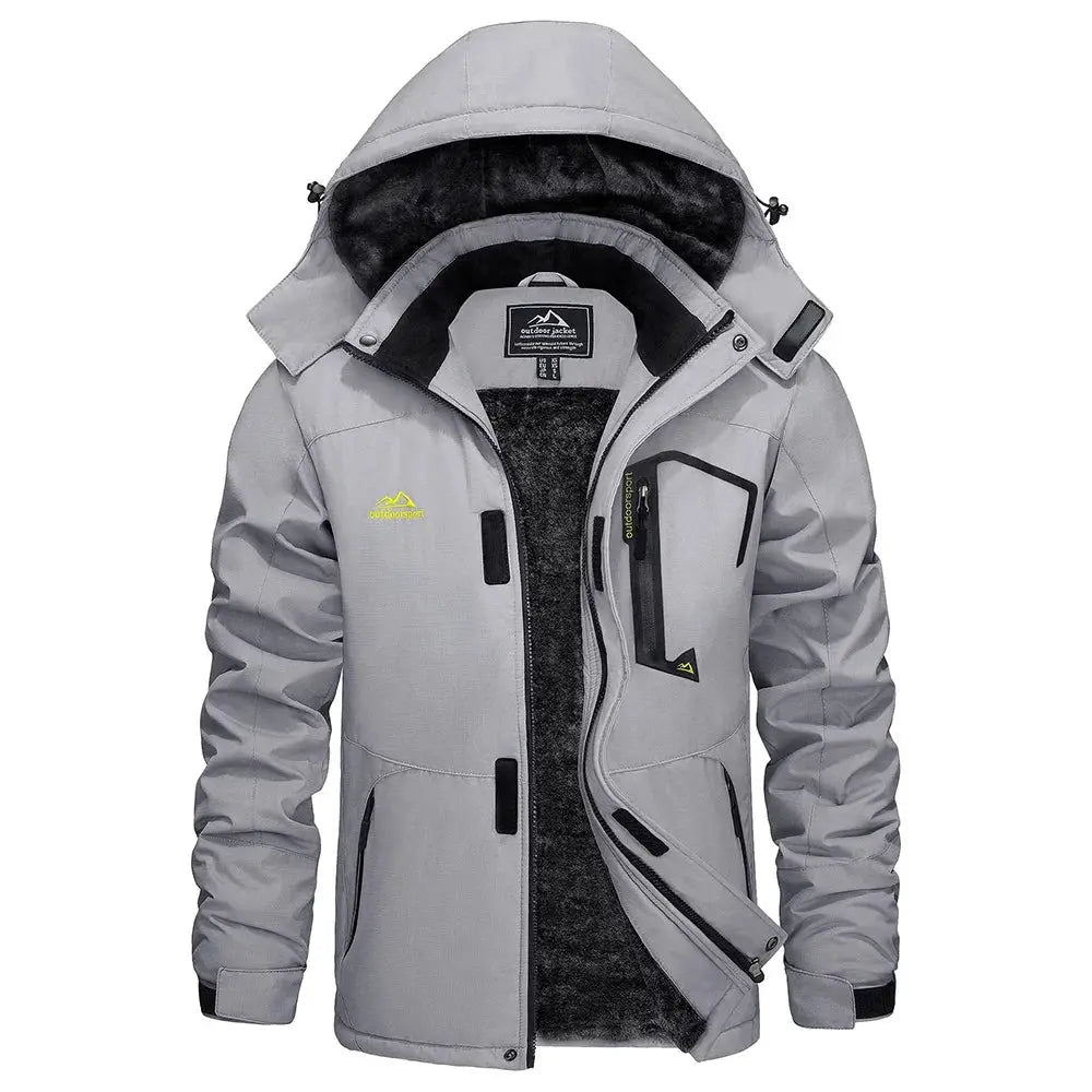 KEFITEVD men's gray waterproof ski jacket with thick fleece lining and hood