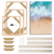 Natural wood canvas frame set in three sizes with mounting hardware and a beach canvas print.