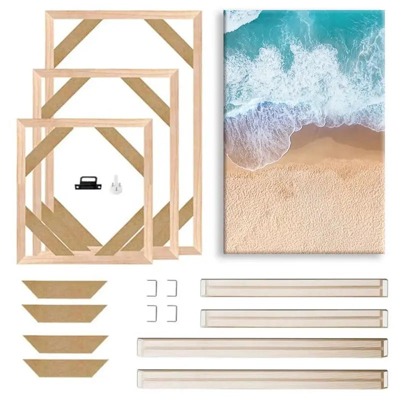 Natural wood canvas frame set in three sizes with mounting hardware and a beach canvas print.