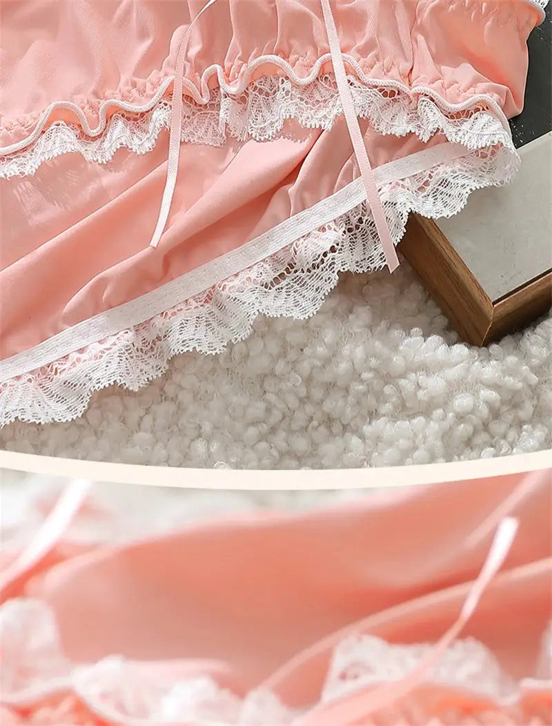 Pink satin panties with white lace trim by Simples Market, plus-size lingerie.