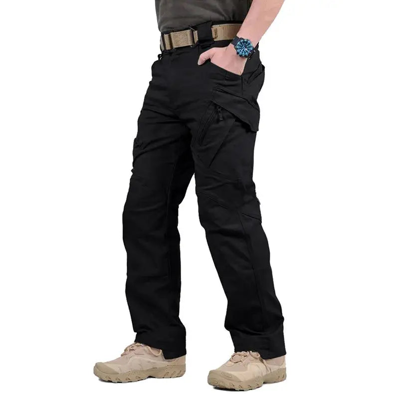 Men's black tactical cargo pants with multiple pockets for hiking and trekking