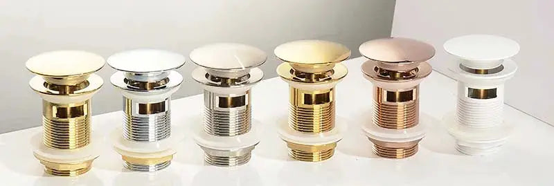 Bathroom sink push-down pop-up stopper drains in 6 finishes: brushed gold, matte black, white, rose gold, gold, chrome.