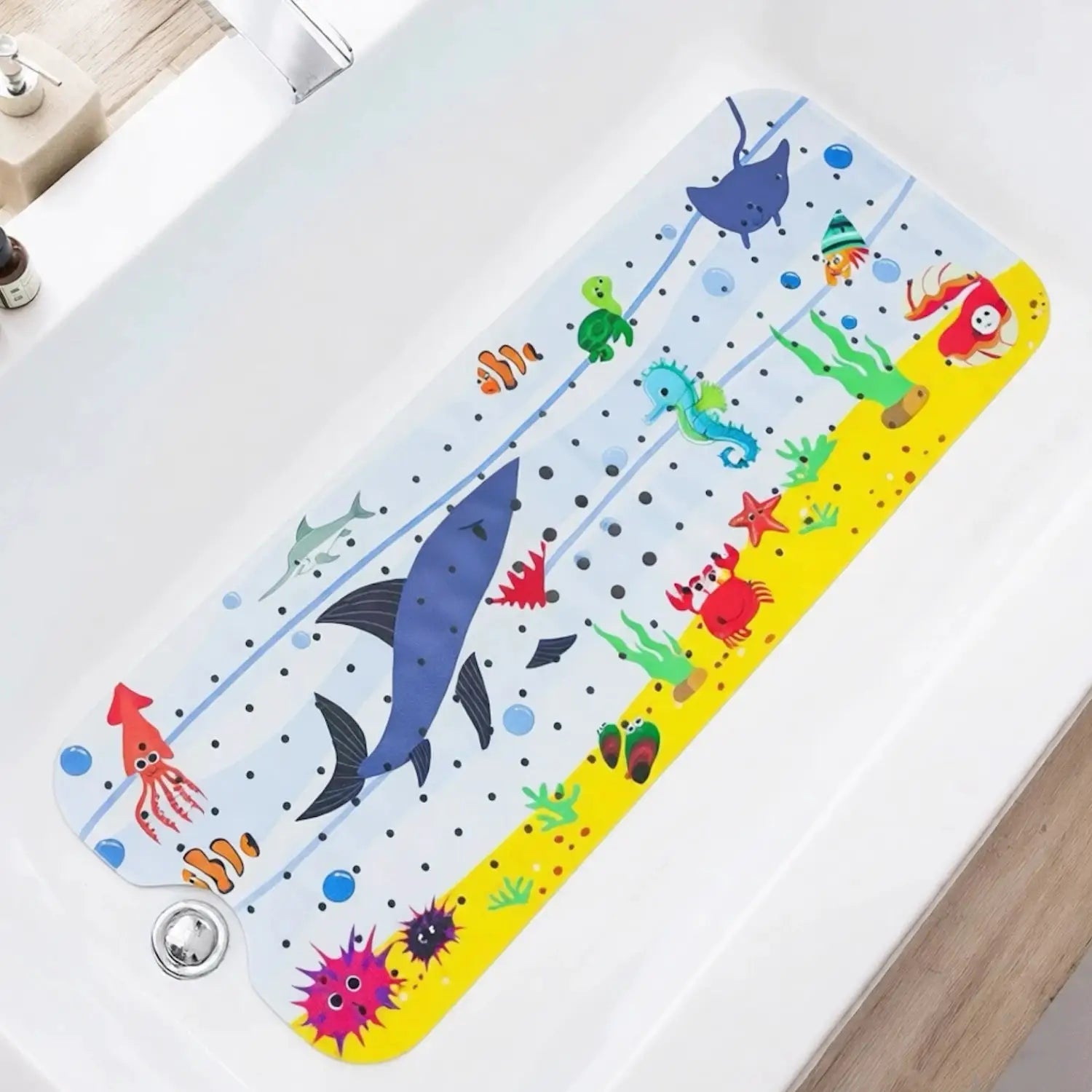 Simples Market 1pc cartoon bathtub mat, extra long 40x100cm, non-slip with suction cups and drain holes, sea creatures design