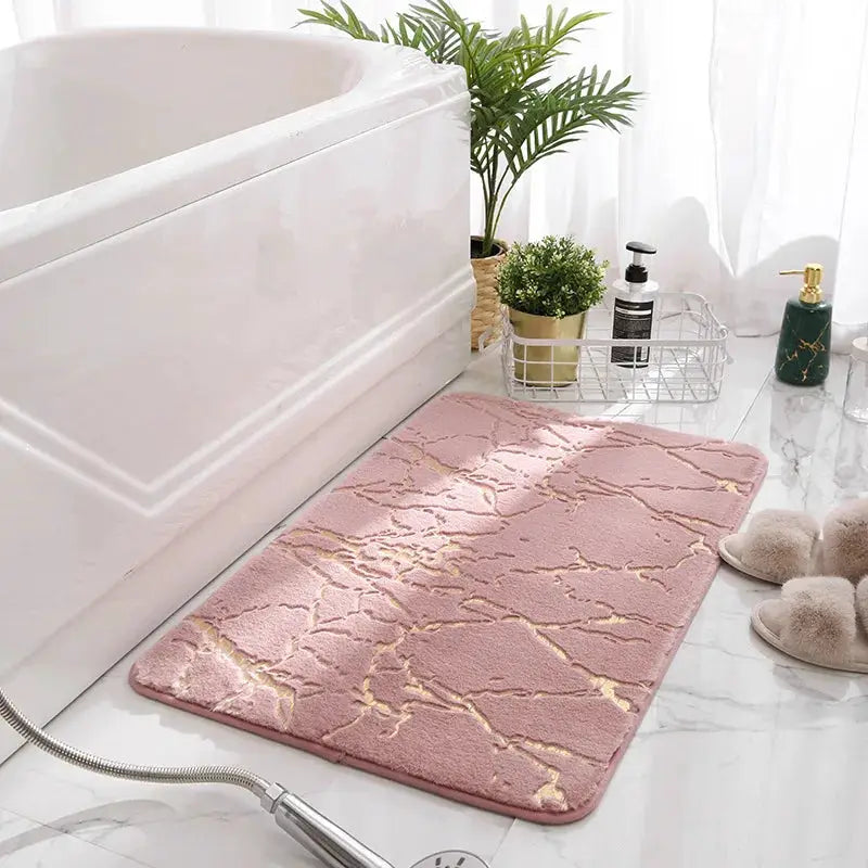 MarbleLux Marble Bathroom Rug Nonslip Black Gold With Soft Faux Rabbit Fur Surface And Eco Friendly Backing