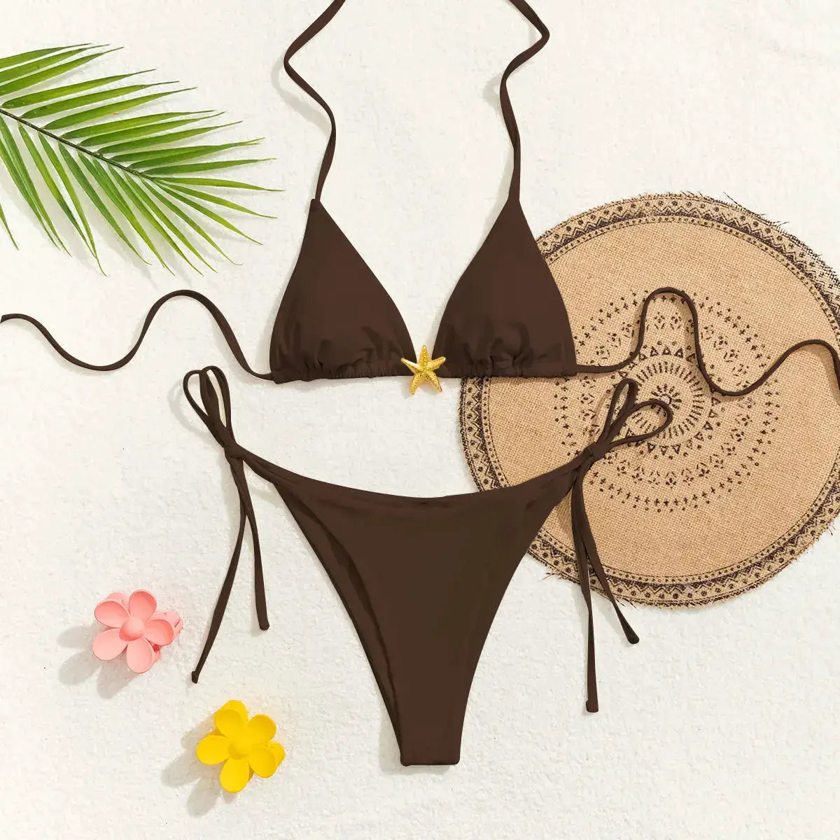 Simples Market brown triangle bikini set (2-piece) with string ties and Brazilian bottoms