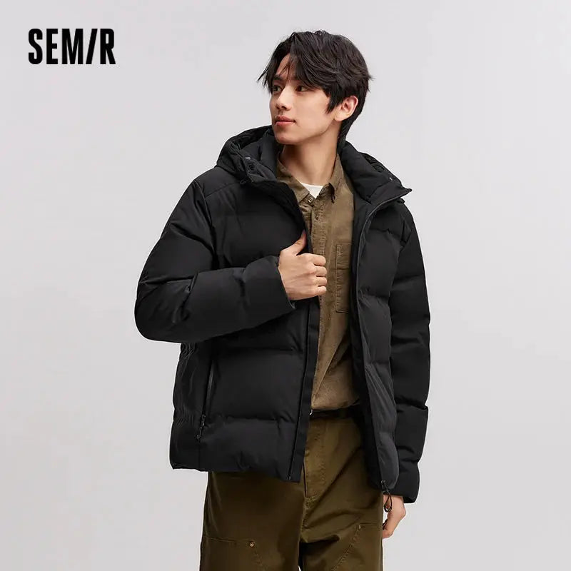 Semir men's black hooded puffer jacket; waterproof, textured quilt outerwear