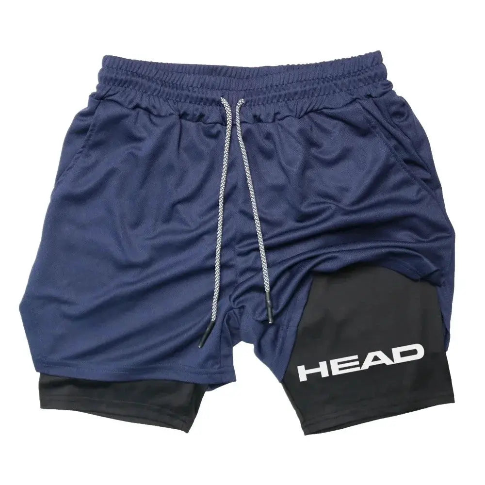 2-in-1 men's running shorts in navy with black inner layer and HEAD logo