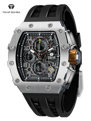 TSAR BOMBA men's luxury stainless steel tonneau chronograph watch with black rubber strap