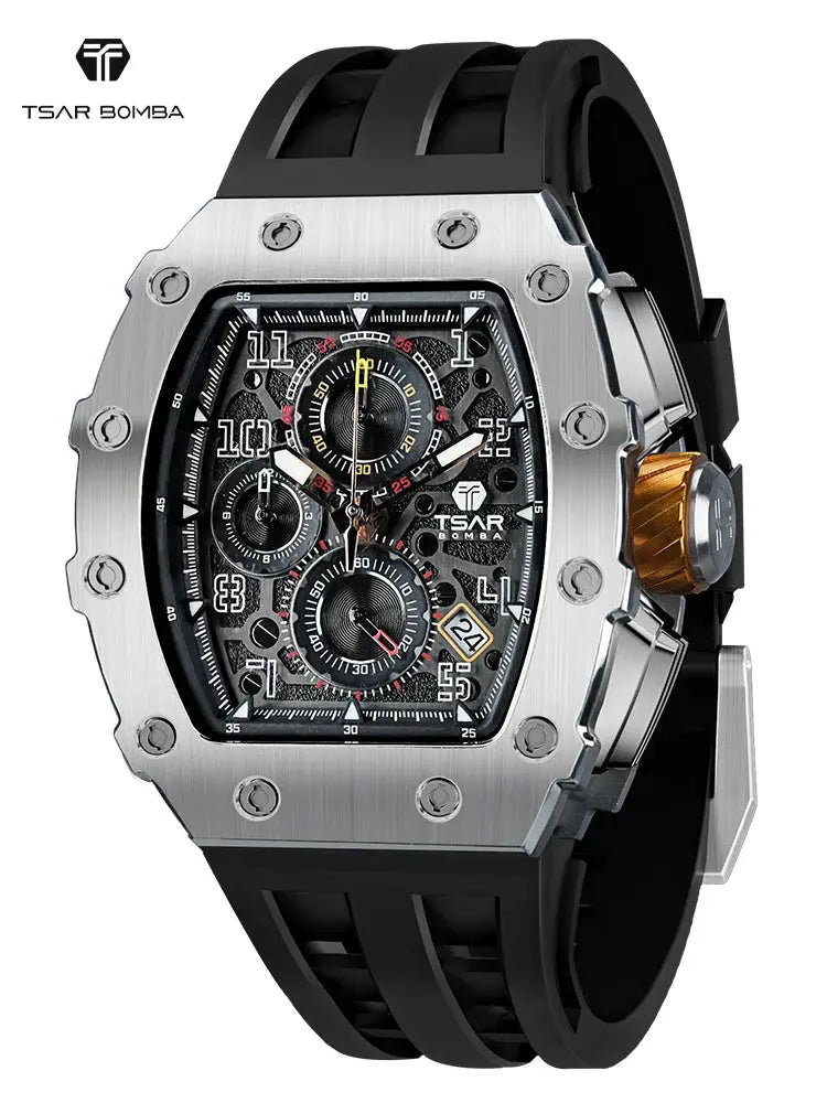 TSAR BOMBA men's luxury stainless steel tonneau chronograph watch with black rubber strap