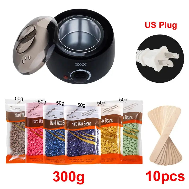 Simples Market 200ml wax warmer with US plug; includes 6x50g hard wax beans (300g) and 10 wooden spatulas.