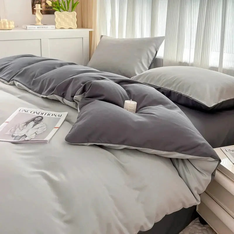 4-piece grey bedding set by Simples Market with reversible duvet cover, pillowcases, bed sheet and quilt cover