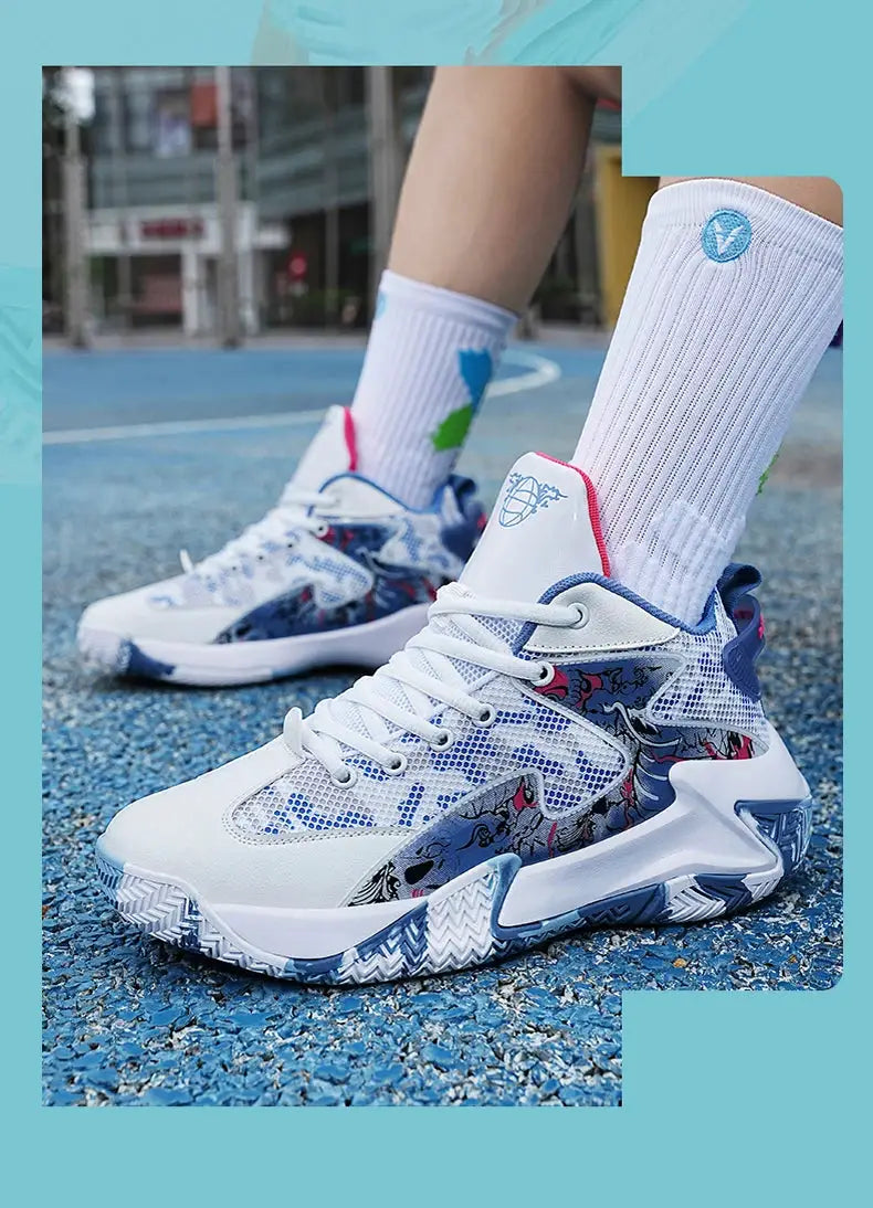 Men's sneakers by Simples Market; white and blue mesh with graphic panels, breathable running pair