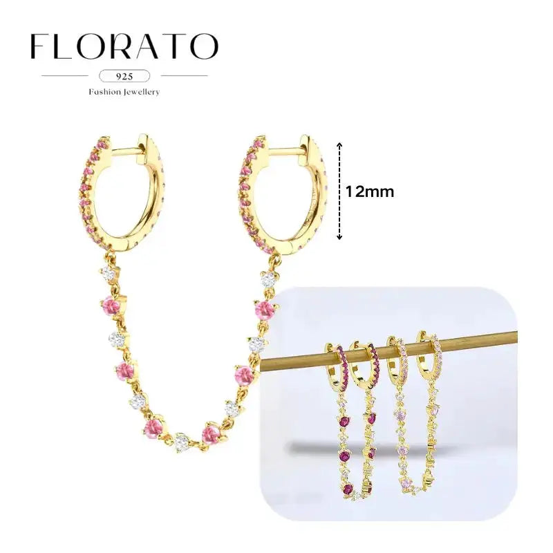 Florato gold-tone hoop earrings with pink and clear stones and a dangling pink zircon chain, 12mm hoops