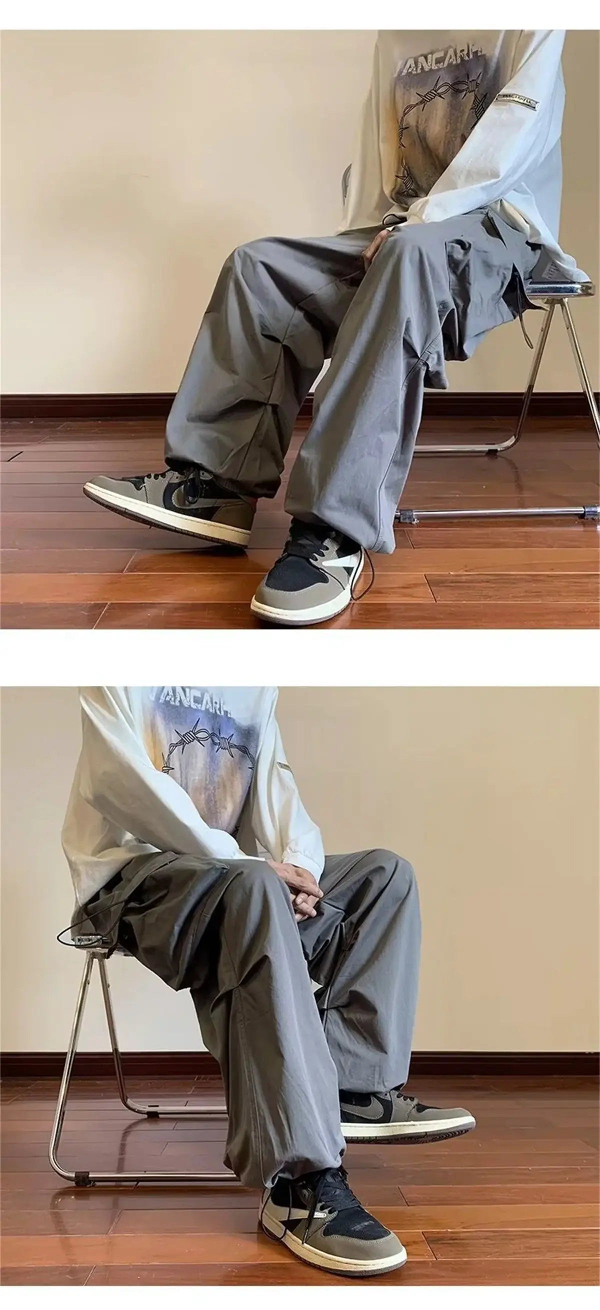 Streetwear harem cargo pants, elastic waist, solid gray, multiple pockets, loose baggy fit.