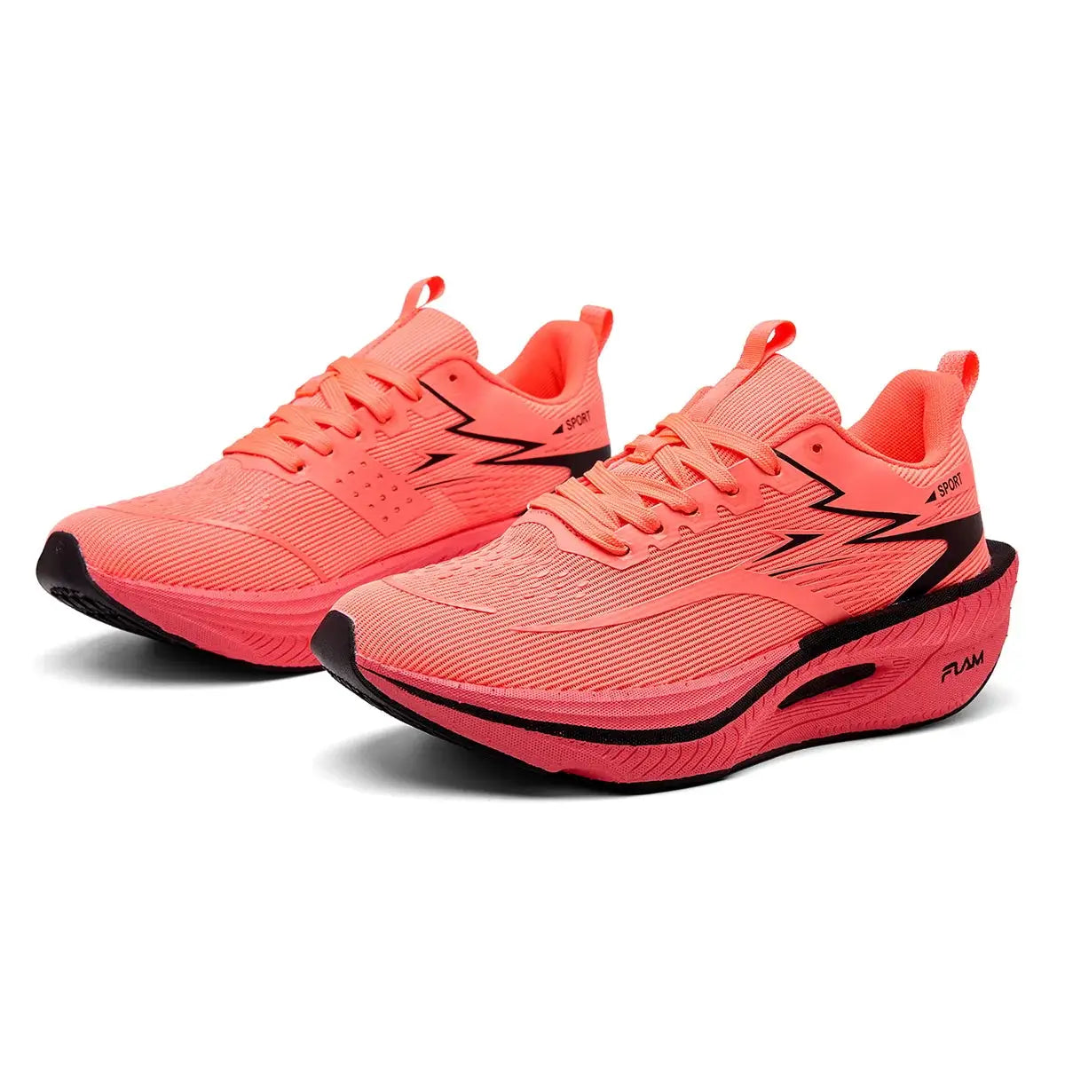 Pair of women's coral pink running shoes, breathable mesh upper, lightweight athletic sneakers with nonskid outsole